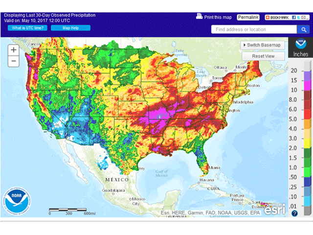 This 30-day rainfall map highlights the problems with cotton acreage. While most of No. 1 producer Texas has seen a benign (or even less than desired) 1 to 3 inches of precipitation in the past 30 days, the states farther east have been swamped. That purple blotch in Oklahoma, Arkansas and Missouri represents 10 to 15 inches of precipitation over the period. (Graphic courtesy of NOAA)